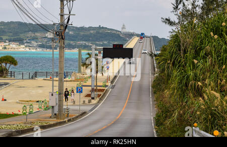 Cars going over the hump of Kouri Bridge in Okinawa Prefecture, Japan Stock Photo