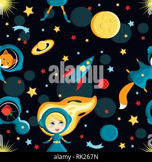 Girl, fox, rose in space suits. Moon, Sun, Saturn, Earth, other planets rocket Stars comets space Cartoon style Seamless pattern Stock Vector
