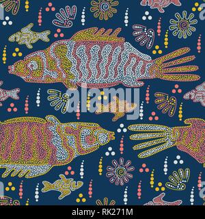 Fish and shells swim in the river. Australian Aboriginal art. Point Art. Seamless pattern. Vector illustration. Dark version Stock Vector