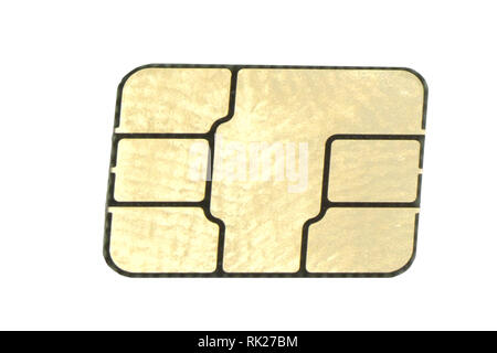 used mobile phone sim card macro isolated on white . Stock Photo