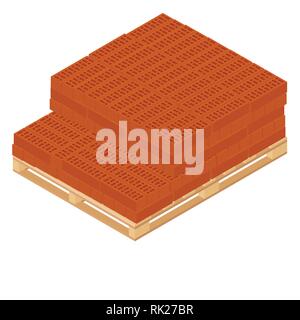 Vector illustration isometric new red perforated ceramic bricks stacked on wooden pallet isometric 3d vector illustration. Wooden stock icon Stock Vector