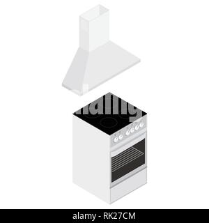 Vector illustration modern isometric electric or gas stove and extractor kitchen hood. House appliance. Kithcen appliance Stock Vector