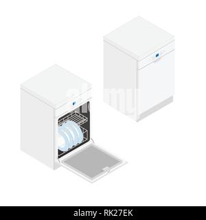 Vector isometric modern dishwasher isolated on white background. Open and closed dishwasher with clean dishes Stock Vector