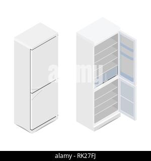 Vector illustration isometric grey opened and closed empty refrigerator. Refrigerator or fridge icon Stock Vector
