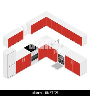Vector illustration isometric modern kitchen interior. Furniture and kitchen appliance.Cabinets shelves utensils oven and cooker hood realistic Stock Vector
