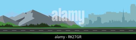Urban landscape with large modern buildings and suburb with mountains and hills. Street, highway. Concept city and suburban life. Stock Vector