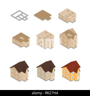 Vector illustration house, building construction phases isometric icons set isolated on white background Stock Vector