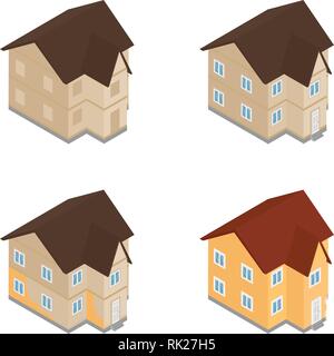 Vector illustration house, building construction phases isometric icons set isolated on white background Stock Vector