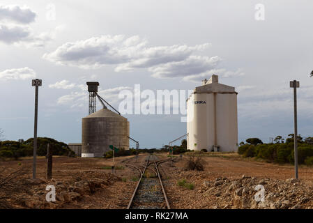 Grain silo's by the railway track at Kyancutta South Australia Stock Photo