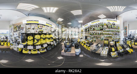 360 degree panoramic view of MINSK, BELARUS - APRIL, 2017: full seamless panorama 360 angle degrees view in interior of luxury vacuum cleaner store Karcher and garden accessories