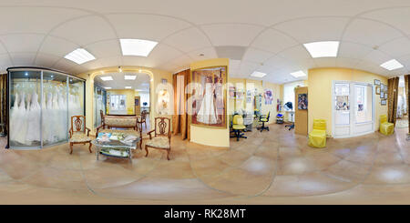 360 degree panoramic view of GOMEL , BELARUS - FEBRUARY, 2012: Inside of the interior of luxury wedding saloon with barbershop. Full 360 degree angle view panorama in equirectangu