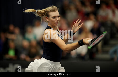 Great Britain's Katie Boulter in action against Hungary's Dalma Galfi during day three of the Fed Cup at Bath University. Stock Photo