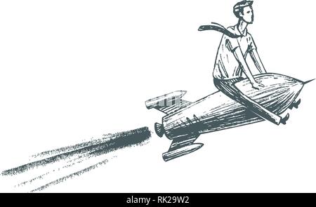 Businessman is flying on a rocket. Business, success, growth, career concept. Sketch vector illustration Stock Vector