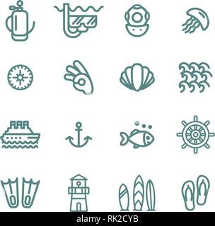 Scuba diving icon set. Included the icons as underwater, scuba diver, mask, fins, regulator, wetsuit and more. Stock Vector