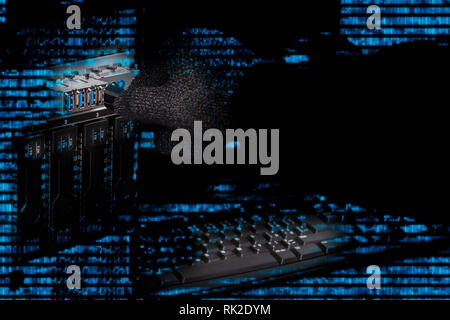 Mystery hand in glove with flash drive. Secret information theft close-up. Dark artistic computer background. Abstract blue digital pattern. Saboteur. Stock Photo