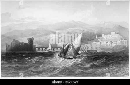 Engraving of a fishing boat and Mount Lebanon in Israel. From The Self-Interpeting Bible, perhaps the 1843 edition. Stock Photo