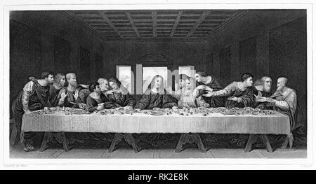 Engraving of da Vinci's painting The Last Supper. From The Self-Interpeting Bible, perhaps the 1843 edition. Stock Photo