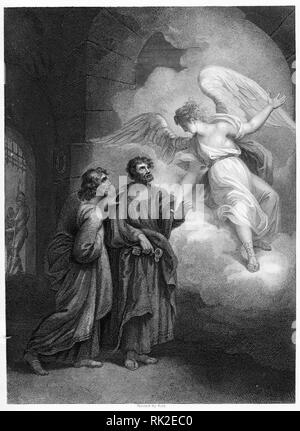 Engraving of an angel freeing the apostles. From The Self-Interpeting Bible, perhaps the 1843 edition. Stock Photo