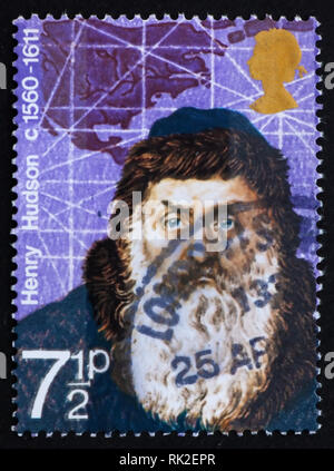 GREAT BRITAIN – CIRCA 1972: a stamp printed in the Great Britain shows Henry Hudson and Petrus Plancius map, circa 1972 Stock Photo