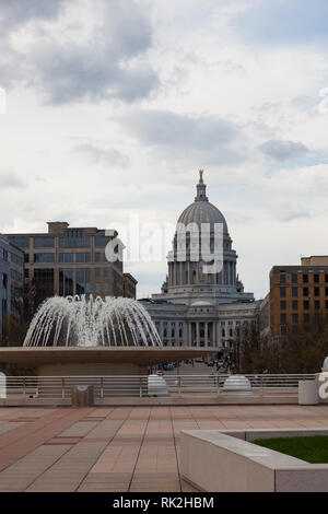 MADISON, WISCONSIN - May 10, 2014:  A water fountain at Monana Terrace with the dome of the capital building in the background in Madison, WI on May 1 Stock Photo