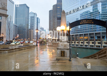 CHICAGO, IL - CIRCA APRIL, 2016: streets of Chicago at evening. Chicago, colloquially known as the 'Windy City', is the third most populous city in th Stock Photo