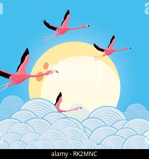 flying tropical flamingos in the sky sunset vector illustration Stock ...