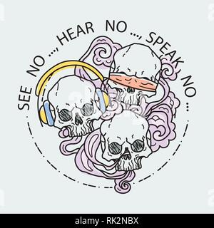 See no, hear no, speak no. Composition of three skulls. Vector illustration of color tattoo graphic human skull. Lined symbol Stock Vector