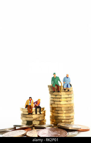 Conceptual diorama image of a miniature figure retired couple and young couple sat on a stack of pound coins