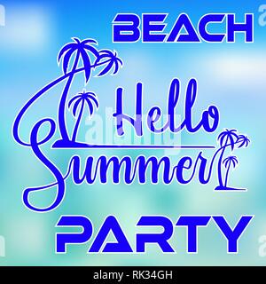 Hello Summer Beach Party typography with palm trees on island and blurred sea colored background for poster or flyer design Stock Vector