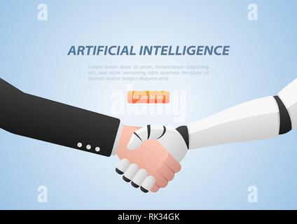 Businessman and robot shaking hands. Artificial intelligence and teamwork concept. Stock Vector
