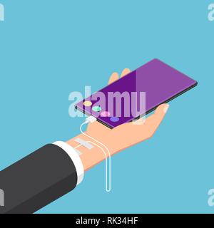 Flat 3d isometric businessman addicted to smartphone. Smartphone addiction concept. Stock Vector