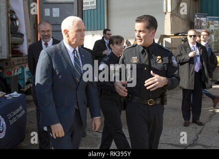 Vice President of the United States Mike Pence is given a tour by U.S. Customs and Border Protection Deputy Commissioner Robert E. Perez during a visit to U.S. Customs and Border Protection operations at Dundalk Marine Terminal within the Port of Baltimore in Baltimore, Md., February 8, 2019. U.S. Customs and Border Protection Photo by Glenn Fawcett Stock Photo