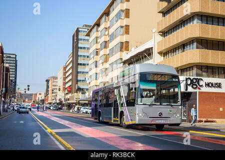 Pretoria, South Africa, 22 August - 2018: Bus in bus lane in city center. Stock Photo