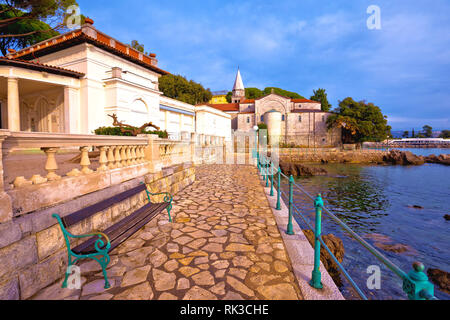 Adriatic town of Opatija watefront walkway and church view, Kvarner bay, Croatia Stock Photo