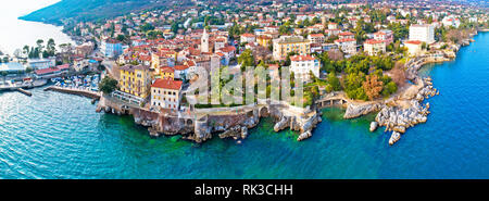 Town of Lovran and Lungomare sea walkway aerial panoramic view, Kvarner bay of Croatia Stock Photo