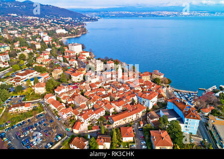 Town of Lovran and Kvarner bay aerial view, Kvarner bay of Croatia Stock Photo