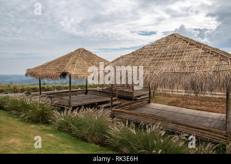Cottage roof made from bulrush and floor made with bamboo. Stock Photo