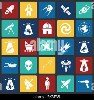 Space icons set on color squares black background for graphic and web design, Modern simple vector sign. Internet concept. Trendy symbol for website design web button or mobile app. Stock Vector