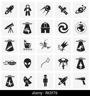 Space icons set on squares black background for graphic and web design, Modern simple vector sign. Internet concept. Trendy symbol for website design web button or mobile app. Stock Vector