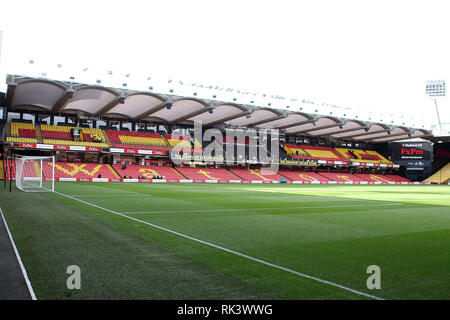 London, UK. 09th Feb, 2019. a General view inside the Vicarage road stadium prior to kick off. EPL Premier League match, Watford v Everton at Vicarage Road in London on Saturday 9th February 2019. this image may only be used for Editorial purposes. Editorial use only, license required for commercial use. No use in betting, games or a single club/league/player publications . pic by Steffan Bowen/ Credit: Andrew Orchard sports photography/Alamy Live News Stock Photo