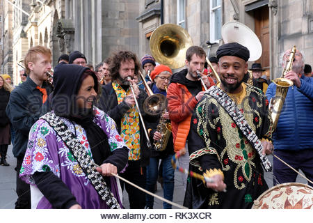 Edinburgh, United Kingdom. 9th February 2019. Thrill the City performing on the Royal Mile, Edinburgh Blues and Jazz Festival. From Thursday 7th February to Saturday 9th February, Thrill presents eleven concerts that highlight the best of the new Brussels jazz scene in some iconic Edinburgh venues: The Queen’s Hall, The Jazz Bar, St Brides Centre and on the High Street. Credit: Craig Brown/Alamy Live News Stock Photo