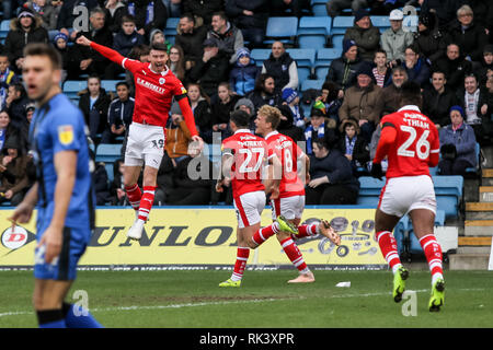 Gillingham, Kent, UK. 09th Feb, 2019. Kieffer Moore of Barnsley scores the opening goal to make it 0-1 during the EFL Sky Bet League 1 match between Gillingham and Barnsley at the MEMS Priestfield Stadium, Gillingham, England on 9 February 2019. Photo by Ken Sparks. Editorial use only, license required for commercial use. No use in betting, games or a single club/league/player publications. Credit: UK Sports Pics Ltd/Alamy Live News Stock Photo