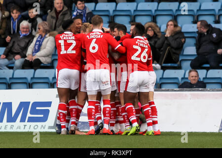 Gillingham, Kent, UK. 09th Feb, 2019. Kieffer Moore of Barnsley scores the opening goal to make it 0-1 during the EFL Sky Bet League 1 match between Gillingham and Barnsley at the MEMS Priestfield Stadium, Gillingham, England on 9 February 2019. Photo by Ken Sparks. Editorial use only, license required for commercial use. No use in betting, games or a single club/league/player publications. Credit: UK Sports Pics Ltd/Alamy Live News Stock Photo