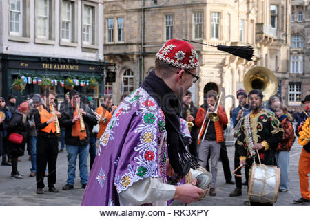 Edinburgh, United Kingdom. 9th February 2019. Thrill the City performing on the Royal Mile, Edinburgh Blues and Jazz Festival. From Thursday 7th February to Saturday 9th February, Thrill presents eleven concerts that highlight the best of the new Brussels jazz scene in some iconic Edinburgh venues: The Queen’s Hall, The Jazz Bar, St Brides Centre and on the High Street. Credit: Craig Brown/Alamy Live News Stock Photo