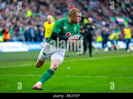 Murrayfield Stadium, Edinburgh, UK. 9th Feb, 2019. Guinness Six Nations Rugby Championship, Scotland versus Ireland; Keith Earls (Ireland) goes over to score the converted try 10-19 Credit: Action Plus Sports/Alamy Live News Stock Photo
