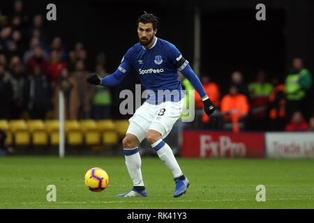 London, UK. 09th Feb, 2019. Andre Gomes of Everton in action. EPL Premier League match, Watford v Everton at Vicarage Road in London on Saturday 9th February 2019. this image may only be used for Editorial purposes. Editorial use only, license required for commercial use. No use in betting, games or a single club/league/player publications . pic by Steffan BowenAndrew Orchard sports photography/Alamy Live news Credit: Andrew Orchard sports photography/Alamy Live News Stock Photo