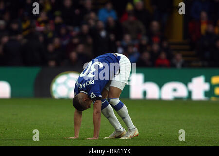 London, UK. 09th Feb, 2019. Richarlison of Everton in action. EPL Premier League match, Watford v Everton at Vicarage Road in London on Saturday 9th February 2019. this image may only be used for Editorial purposes. Editorial use only, license required for commercial use. No use in betting, games or a single club/league/player publications . pic by Steffan BowenAndrew Orchard sports photography/Alamy Live news Credit: Andrew Orchard sports photography/Alamy Live News Stock Photo