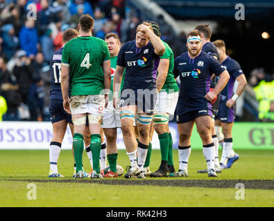 Edinburgh, UK. 09th Feb, 2019. EDINBURGH, SCOTLAND - FEBRUARY 2nd 2019: A despondent Scotland Lock, Jonny Gray, as Scotland go down 13-22 to Ireland in their second game of the 2019 6 Nations Championship at Murrayfield Stadium in Edinburgh. ( Credit: Ian Jacobs/Alamy Live News Stock Photo