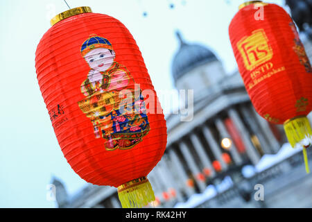 Trafalgar Square, London, UK. 09th Feb 2019. Preparations are well under way and colourful decorations in place for the Chinese New Year celebrations on Trafalgar Square in Central London. Credit: Imageplotter News and Sports/Alamy Live News Stock Photo