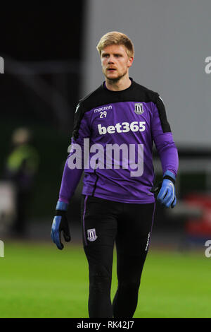 Stoke On Trent, UK. 09th Feb, 2019. Stoke City goalkeeper Jakob Haugaard (29) during the EFL Sky Bet Championship match between Stoke City and West Bromwich Albion at the Bet365 Stadium, Stoke-on-Trent, England on 9 February 2019. Photo by Jurek Biegus. Editorial use only, license required for commercial use. No use in betting, games or a single club/league/player publications. Credit: UK Sports Pics Ltd/Alamy Live News Stock Photo